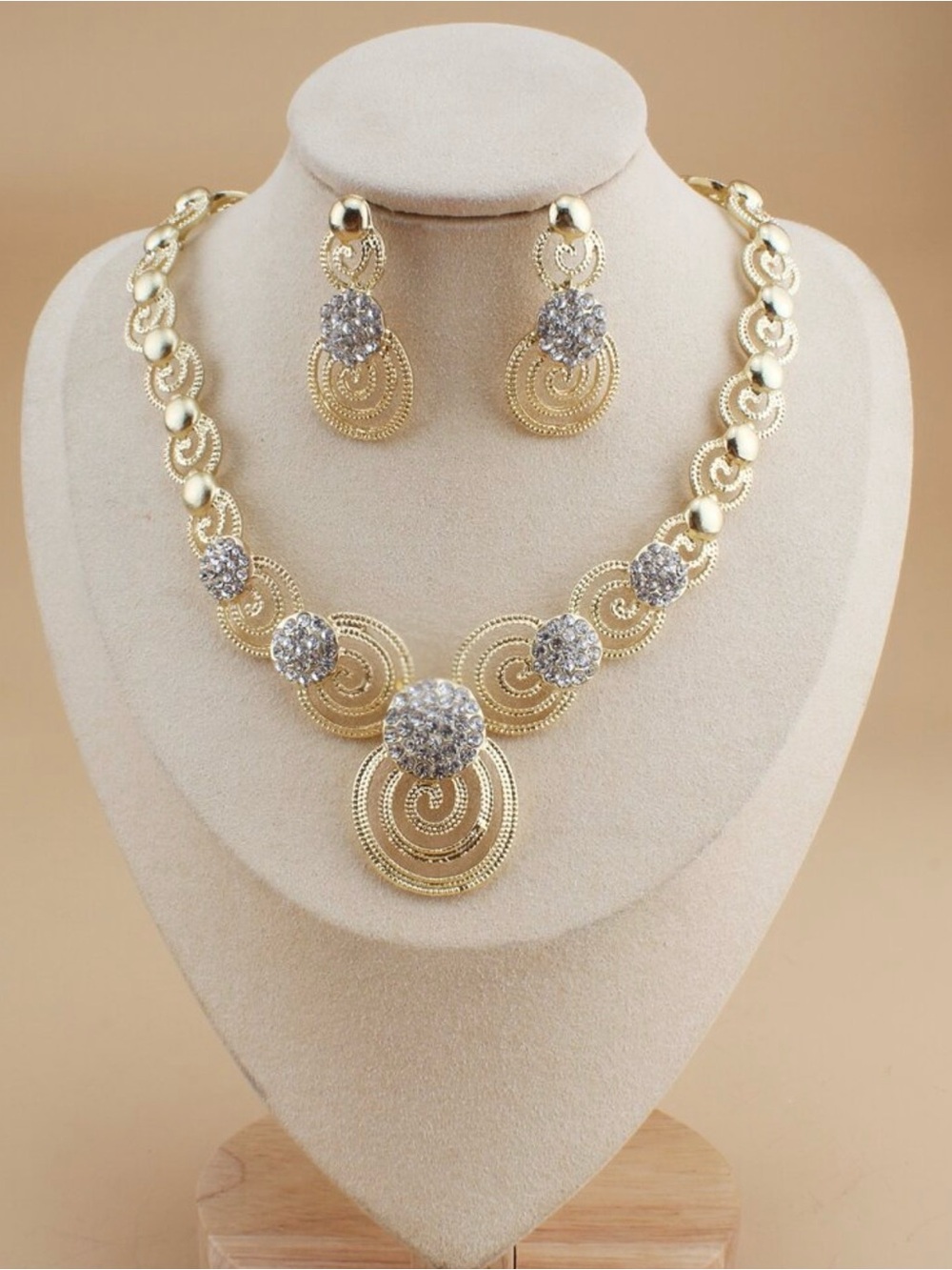 Gold Spiral Crystal Accent Necklace and Earring Set - Gold